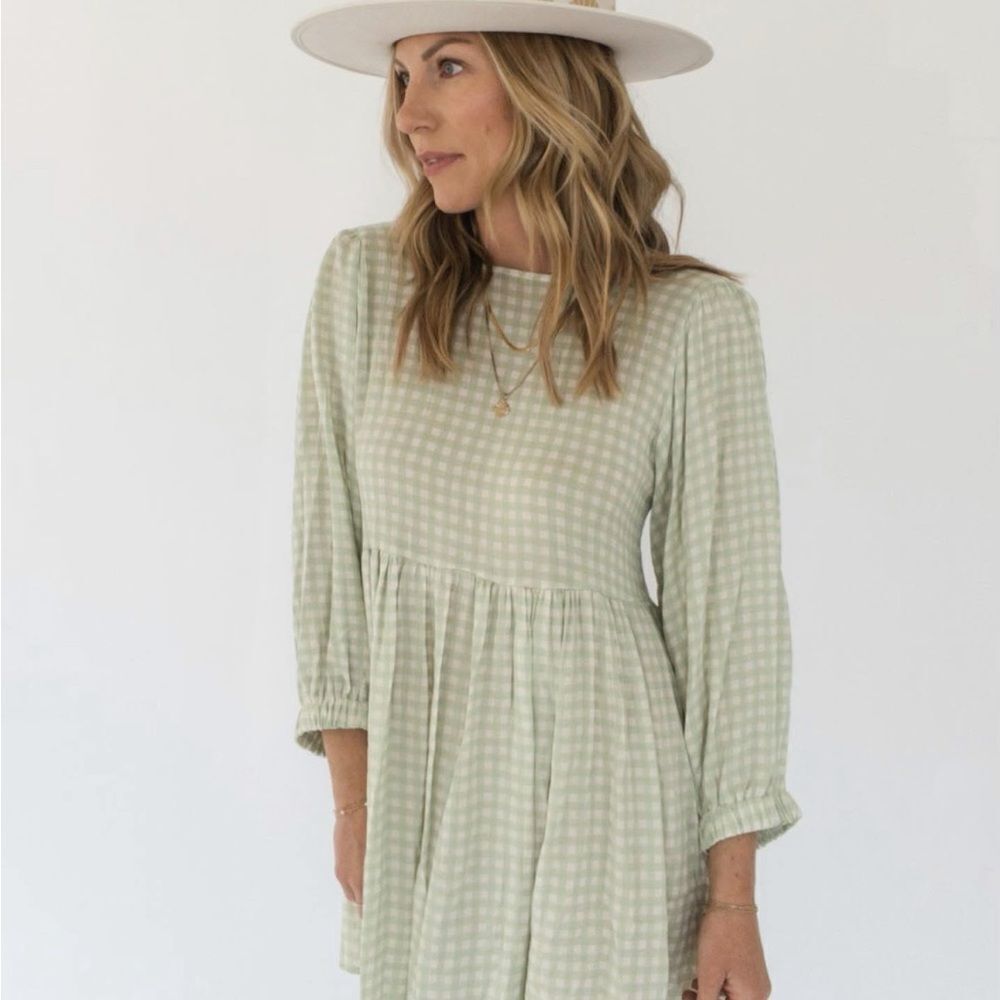 Gingham Bishop Sleeve Sundress with Crew Neck
